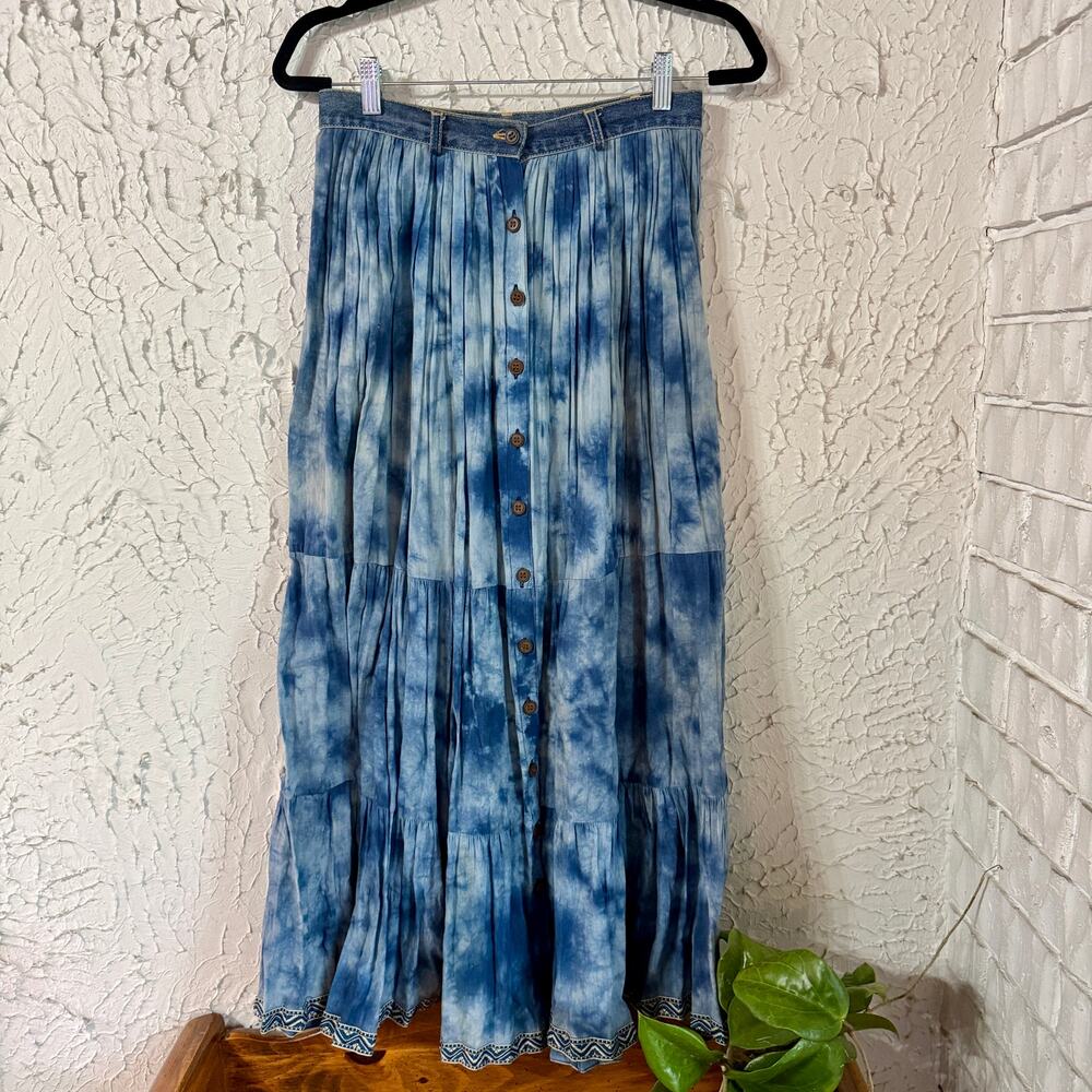 St John’s Bay Blue Tie Dye Maxi Skirt Tiered Boho Button Front Small